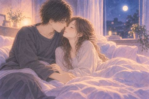 夜の寝室で元彼と寄り添う二人の夢の場面