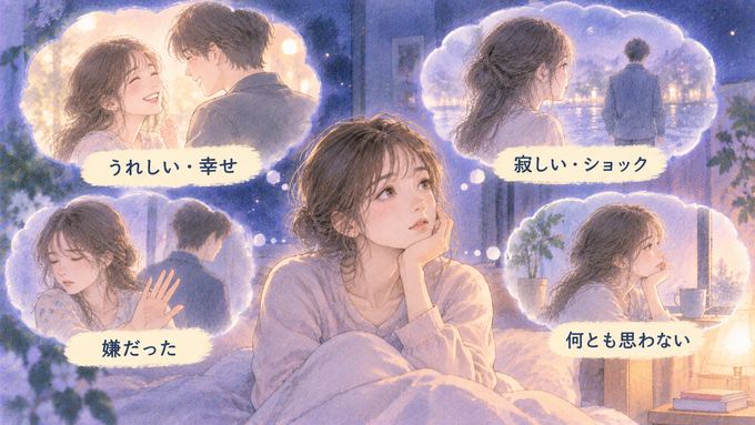 元彼の夢を思い返しながら複数の感情を整理する女性の図
