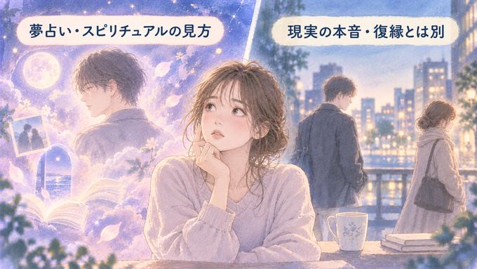 元彼の夢の象徴と現実の相手の気持ちを分けて考える女性の図