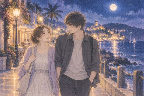 夜の旅先を元彼と並んで歩く女性の夢