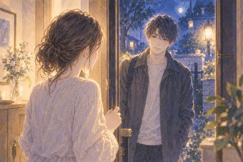 夜の玄関先に現れた元彼を見つめる女性の夢