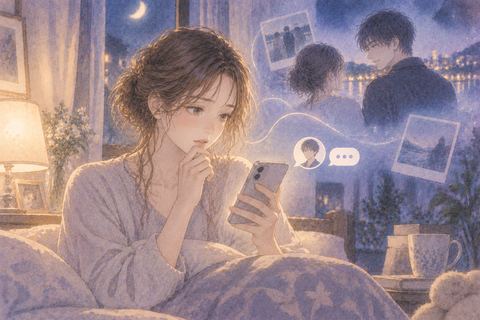 夜に元彼へメッセージを送ろうか迷う女性の夢