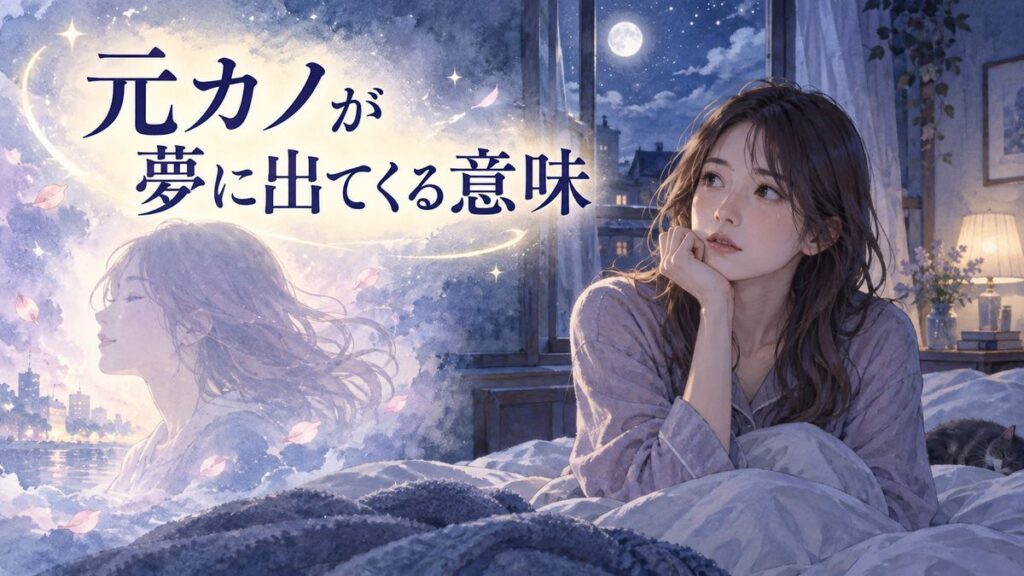 夜の寝室で夢の余韻にひたる大人の女性と、淡い光の中に浮かぶ昔の恋人の面影