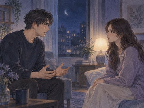 夜の部屋で元カノと向かい合って言い争う二人