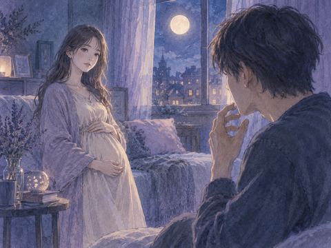 夜の柔らかな光の中でお腹に手を添える元カノと、それを見て驚く男性