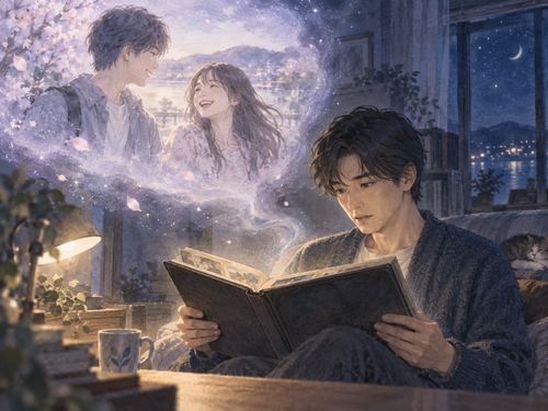 夜の部屋で古い写真を見つめる男性と、淡い記憶として浮かぶ若い頃の元カノ