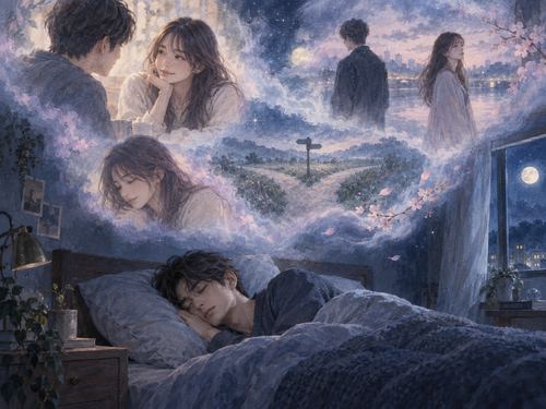 眠る男性の周囲に元カノとの異なる夢の場面が淡く重なって浮かぶ様子