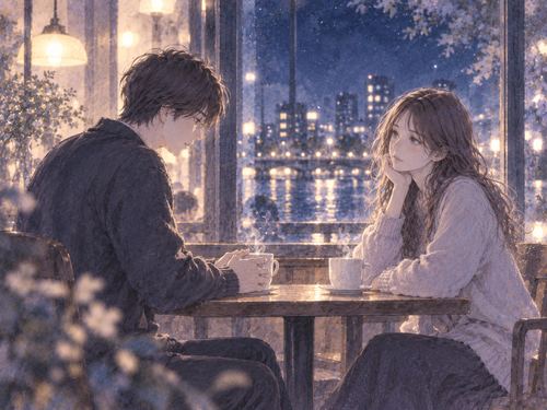 静かな夜のカフェで元カノと向かい合って話す二人