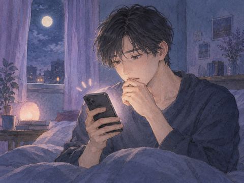 夜の部屋でスマートフォンの通知を見て戸惑う男性