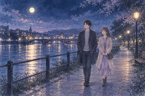 夜の川沿いを元カノと並んで歩く二人