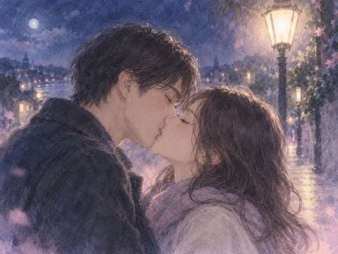 夜の街灯の下で元カノとそっとキスする二人