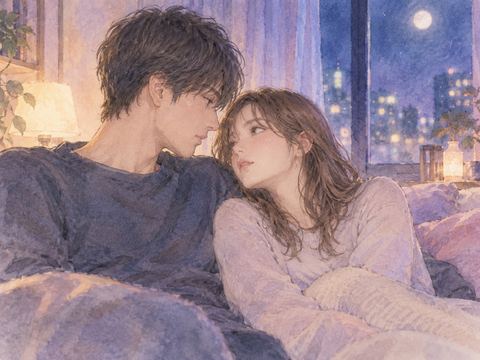 夜の室内で寄り添う元恋人同士の二人