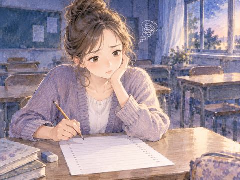 白い答案用紙を前に答えが浮かばず考え込む女性
