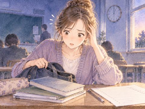 試験直前にノートを見て準備不足に気づく女性