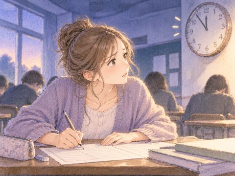 時計を気にしながら答案を書き続ける女性
