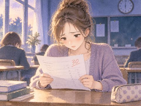 低い点数の答案を見て肩を落とす大人の女性