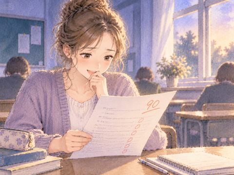 良い点数の答案を見てほっとする大人の女性