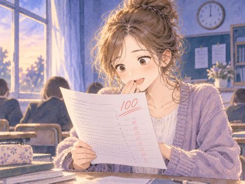 満点の答案を見てうれしそうに微笑む大人の女性