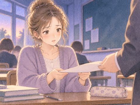 先生から返される答案を緊張しながら受け取る女性