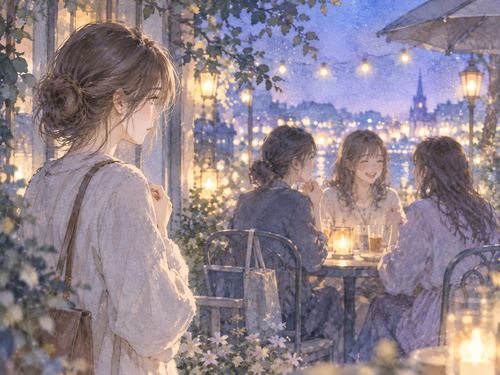 友達の輪から少し離れて立つ女性