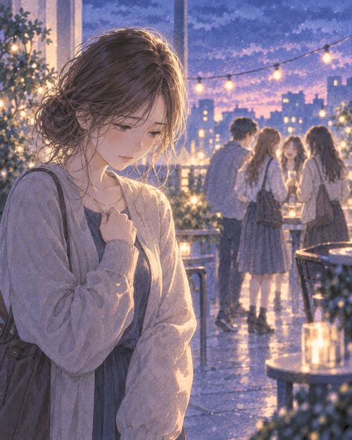 仲間の輪を見ながら悲しそうにする女性