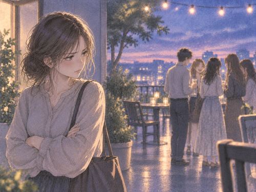 仲間の輪を見て納得できない表情の女性