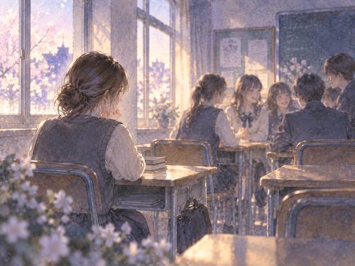 昔の教室で同級生の輪から離れた女性