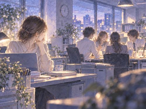 職場で同僚の輪から離れている女性