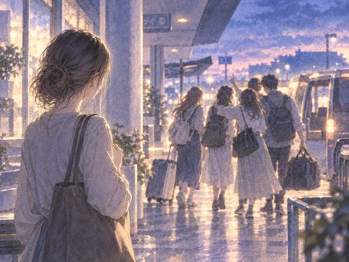出かける仲間を一人で見送る女性