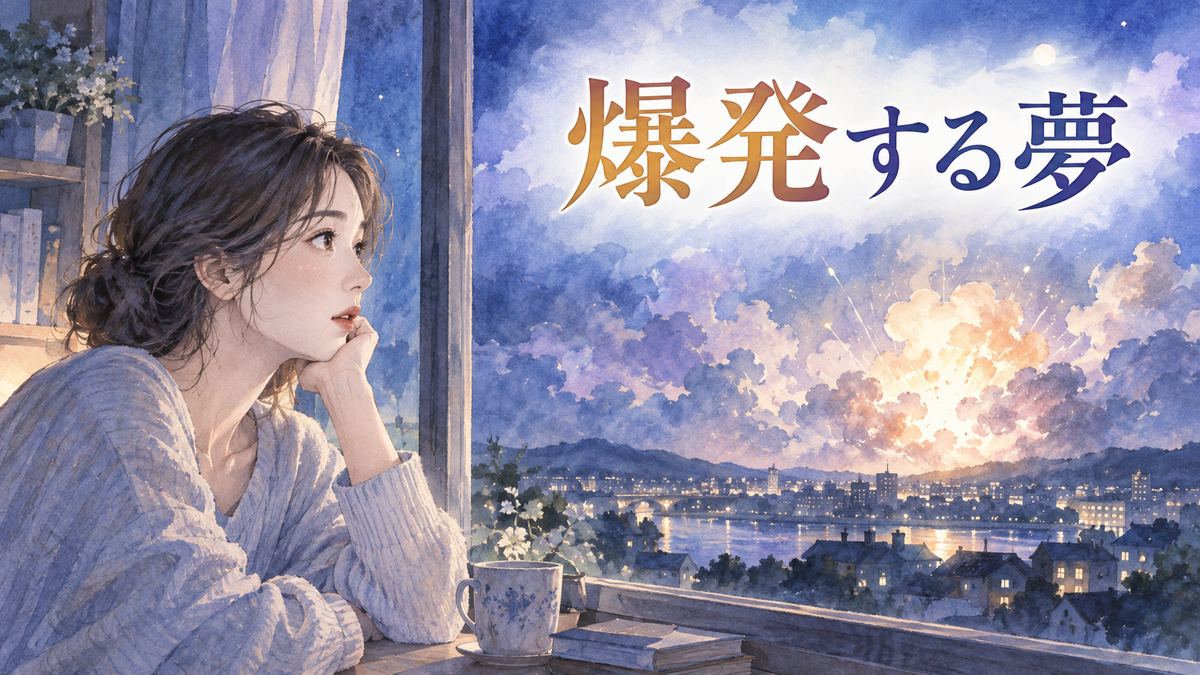 夜の窓辺で遠くの幻想的な爆発を見つめる大人の女性