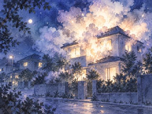 夜の住宅から淡い光と煙が広がる爆発の夢