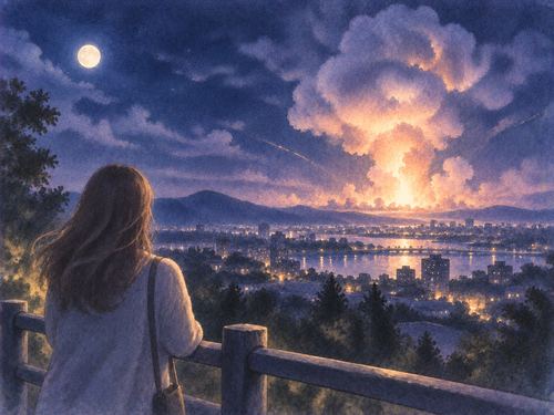 夜の安全な場所から遠くの爆発を見つめる人物の後ろ姿