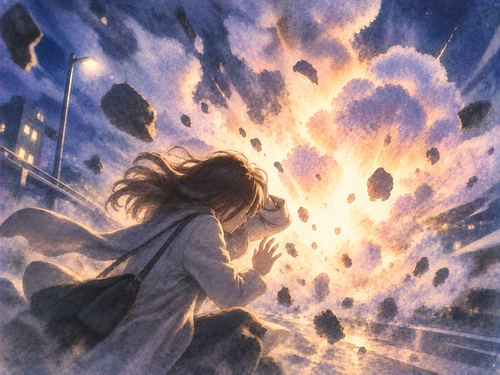 爆風のような光と風に包まれる人物の夢