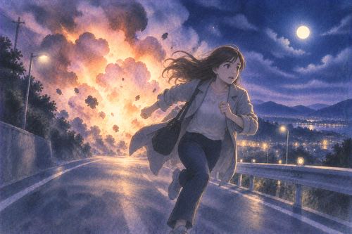 夜道で遠ざかる爆発から走って逃げる人物の夢