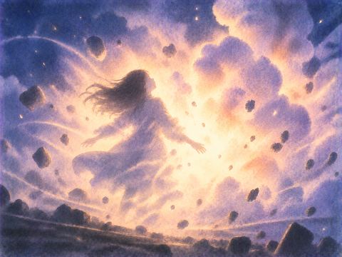 爆発の光の向こうへ人物のシルエットが淡く溶ける夢
