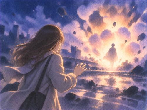 爆発の光の向こうにいる人物を心配そうに見つめる人の夢