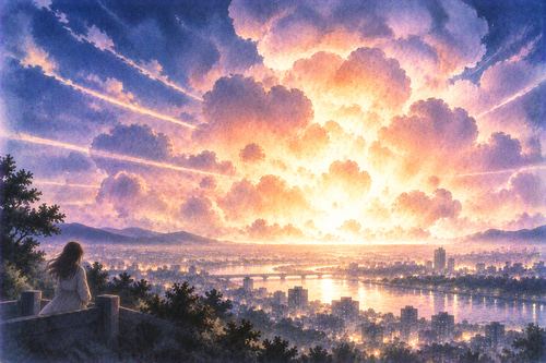 夜空と景色いっぱいに大きな光が広がる爆発の夢