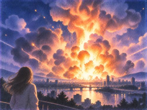 夜の爆発から大きな炎が立ち上がる夢