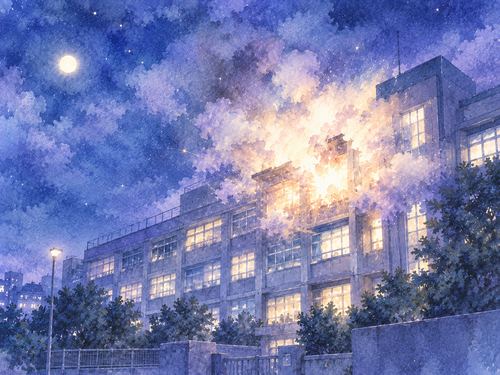 夜の大きな建物の一部から光と煙が広がる夢