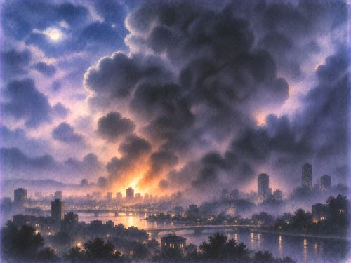 爆発のあと夜空へ黒煙が広がり先が見えにくくなる夢