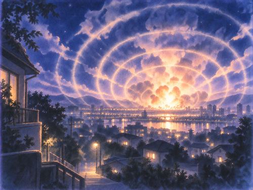 夜の静かな街に爆発の光と音の波紋が広がる夢