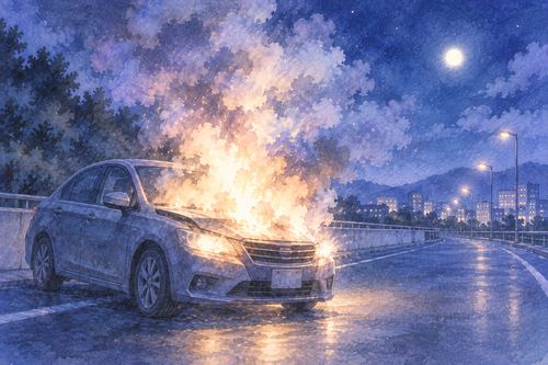 夜道で車から淡い炎と煙が上がる夢