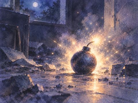 暗い床に置かれた爆弾の近くで淡い閃光が広がる夢