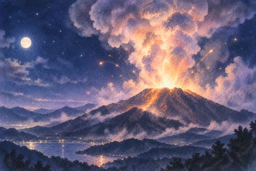 夜空の下で火山が光と煙を噴き上げる夢