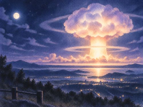 遠い地平線に巨大な光の雲が広がる核爆発の夢