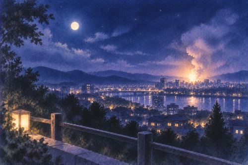 夜の遠い街で小さな爆発の光が見える夢
