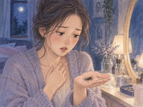 束になったまつ毛を手のひらで見つめる女性