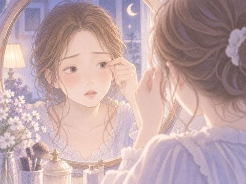 鏡の前でまつ毛に指をかけためらう女性