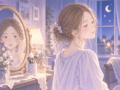 まつ毛が抜けても穏やかに鏡から離れる女性