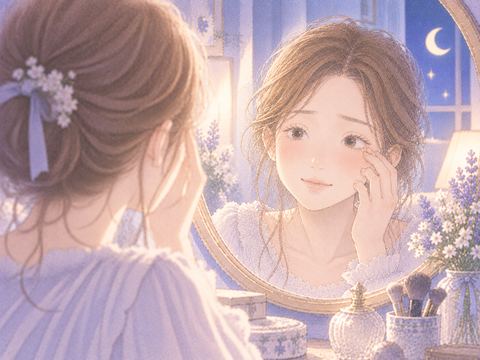 新しいまつ毛が生えた目元を嬉しそうに見る女性